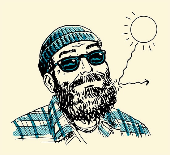 Man with beard sun rays bouncing off illustration.