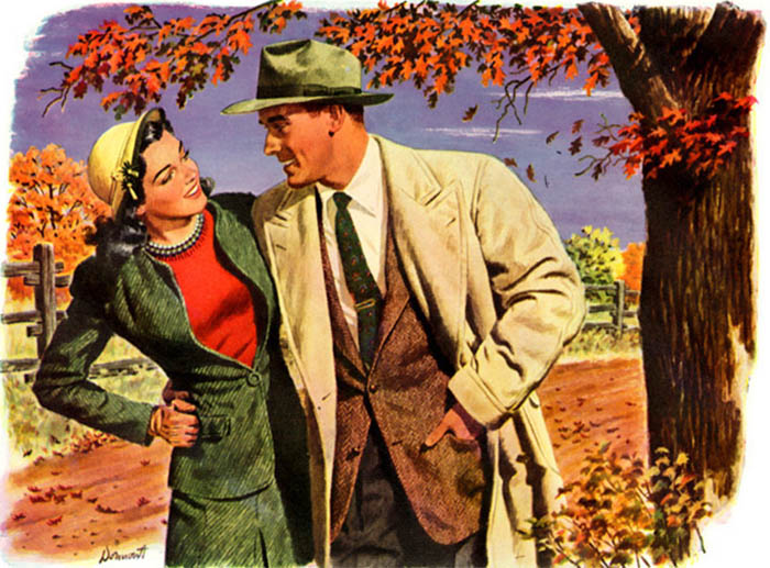 An illustration of a man and woman standing next to a fall tree.