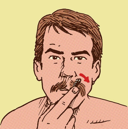 Man combing handlebar mustache illustration.