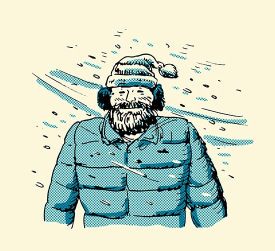 Man with beard walking in snow smile illustration.