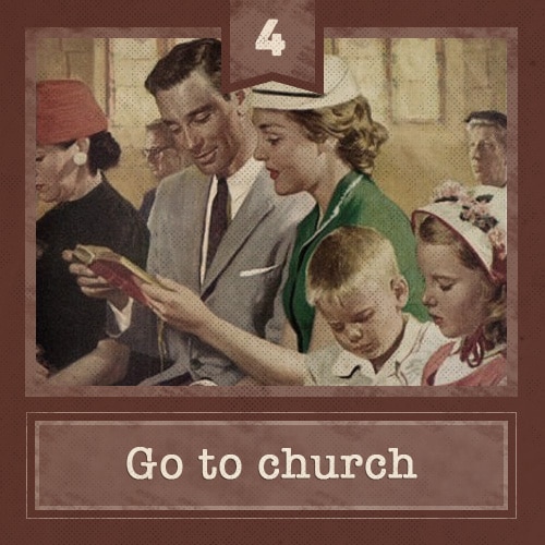 Vintage family sitting in church pew singing hymn illustration.