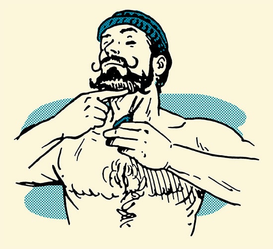 Man trimming beard with scissors illustration.