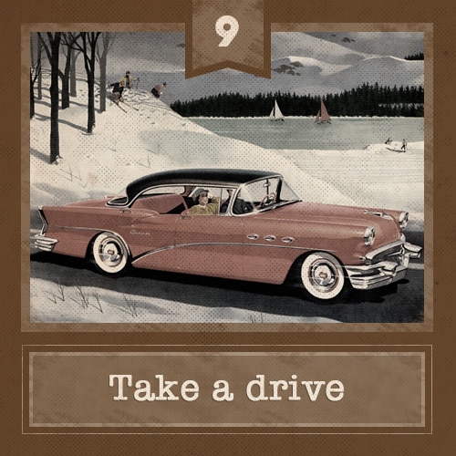 Vintage couple taking a drive in winter, road trip illustration. 