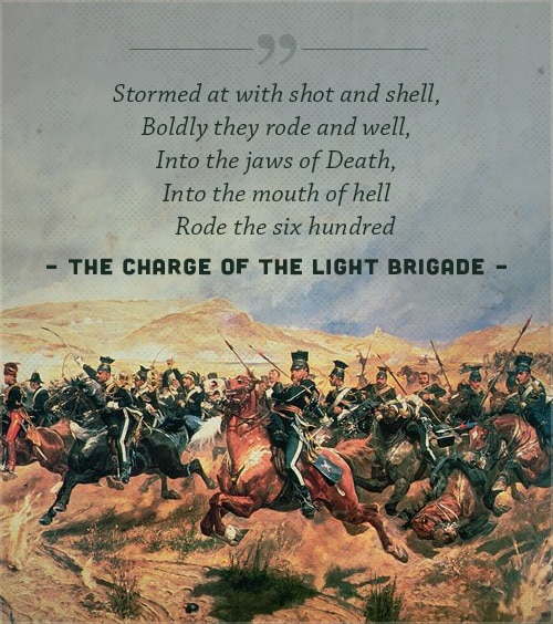 Charge of the light brigade, poem by alfred lord tennyson, with a cover of a war.