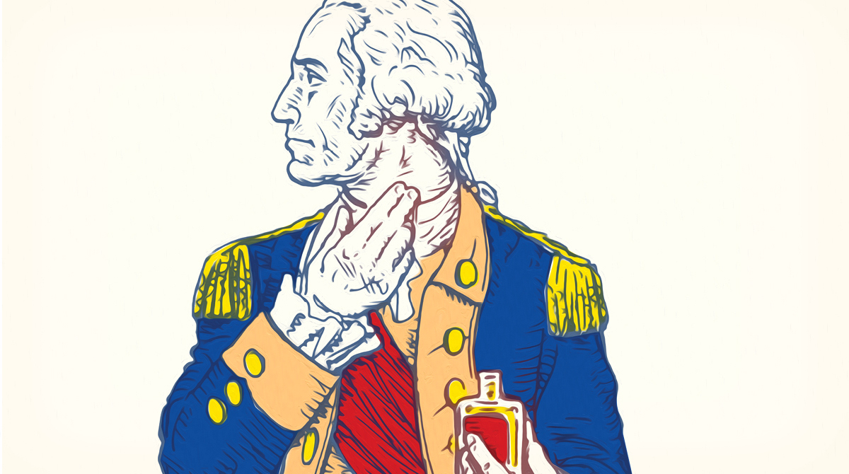 Illustration of George Washington holding a cologne bottle.