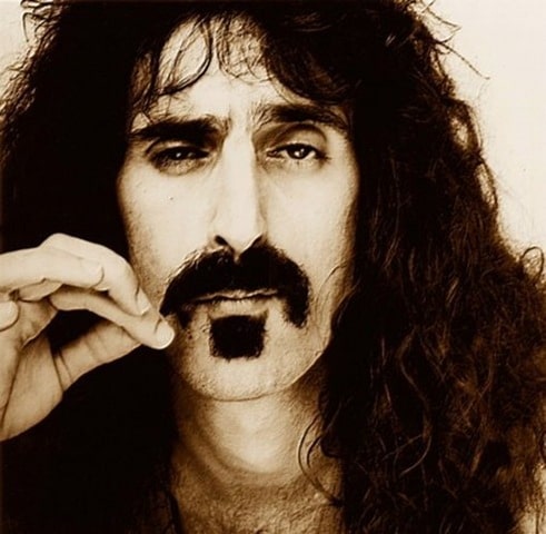 Guitarist Frank Zappa holding his mustache.