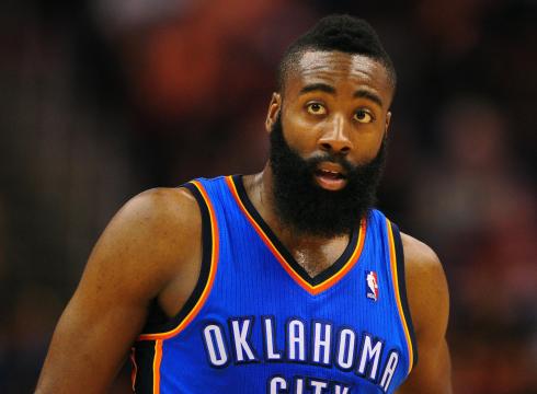 James harden in okc kit while playing basketball game.