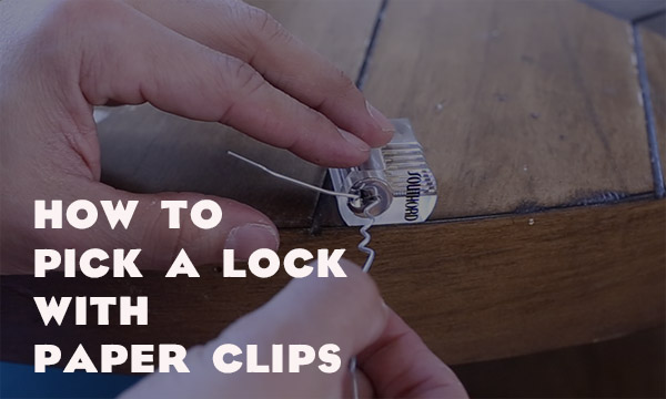 Trick shown how to pick a lock with a paper clips.