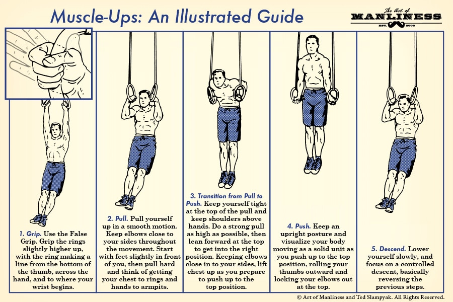 An illustrated guide on how to perform muscle-ups.