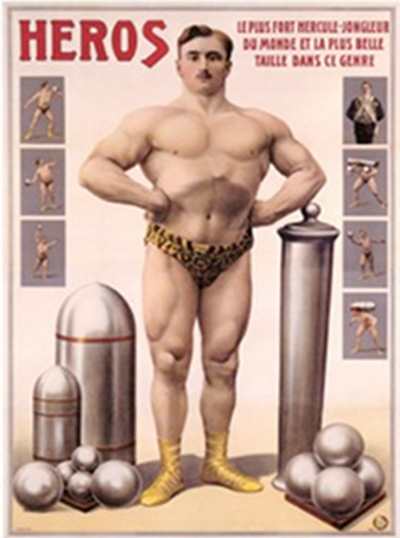 A poster showcasing a man engaged in Odd Object Training while posing in front of a set of weights.