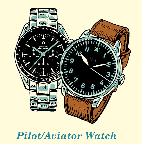 Two wristwatches with the words pilot/aviator watch.