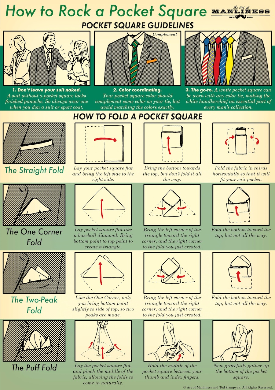 Learn how to fold a pocket square with this illustrated guide.