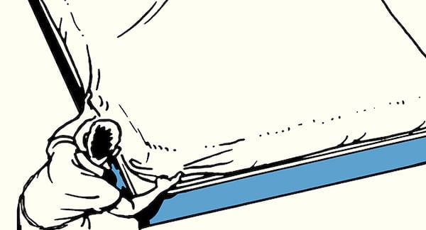 A simplified illustration of a hand pulling a strip of painter's tape from the edge of a bed surface, showcasing the Skill of the Week: bed making.