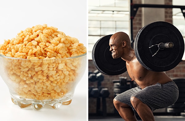 A bowl of rice crispy cereal on the left and a muscular man squatting with a heavy barbell on the right, as his knees crackle under the weight.