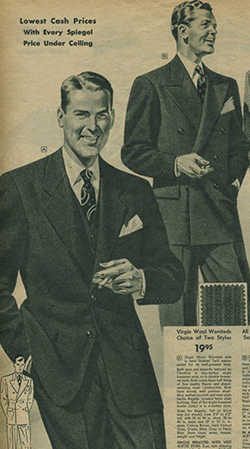 An Art of Manliness vintage ad for men's suits featuring Suit School tips and Alterations expertise.