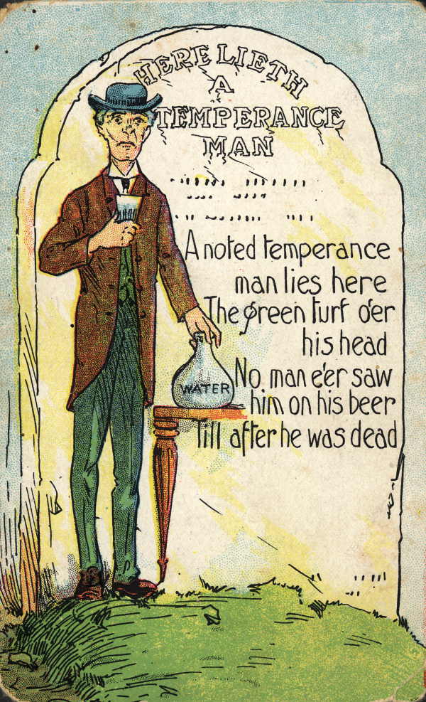 An old postcard depicting a man standing solemnly next to a grave, showcasing the virtue of temperance in one's life.