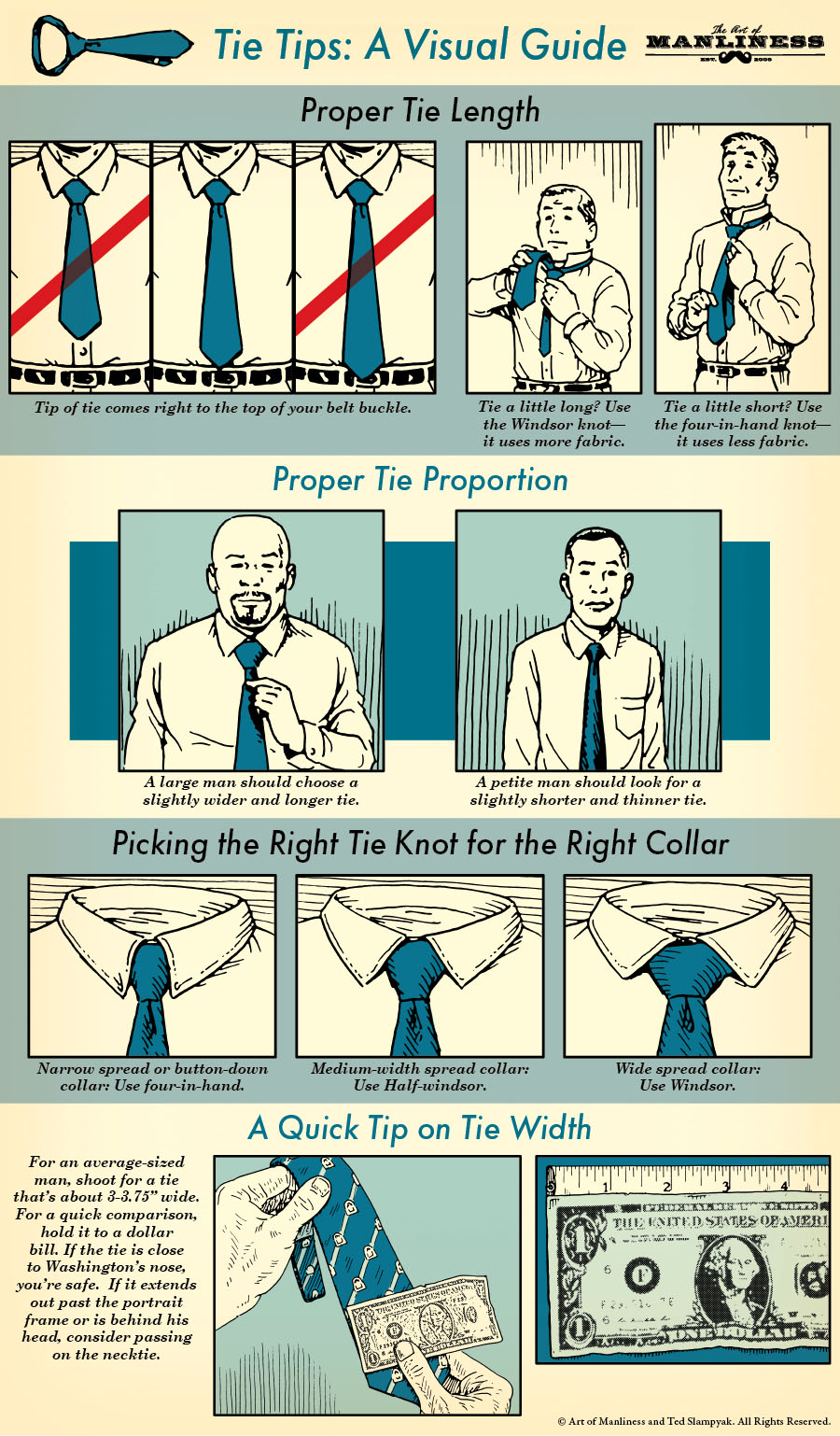 Tie tips: a visual guide proper tie length. tip of tie comes right to the top of your belt buckle. tie a little long? use the windsor knot – it uses more fabric. tie a little short? use the four-in-hand knot – it uses less fabric. proper tie proportion. a large man should choose a slightly wider and longer tie. a petite man should look for a slightly shorter and thinner tie. picking the right tie know for the right collar. narrow spread or button collar – use four-in-hand. medium-width spread collar – use hald-windsor. wide spread collar – use windsor. a quick tip on tie width. for an average-sized man, shoot for a tie that’s about 3-3.75” wide. for a quick comparison, hold it to a dollar bill. If the tie is close to Washington’s nose, you’re safe. If it extends past the portrait frame or is behind his head, consider passing on the necktie. 