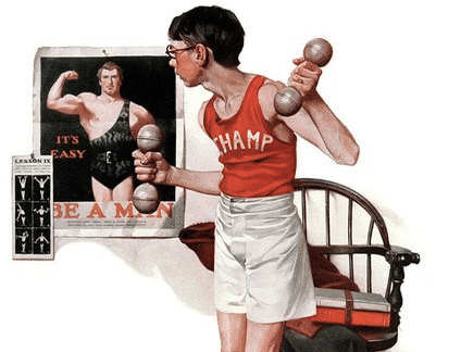 Looking to gain weight? A young man is holding dumbbells in front of a poster, learning how to bulk up.