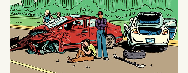 A cartoon illustration of a man standing next to a wrecked car, testing his situational awareness.